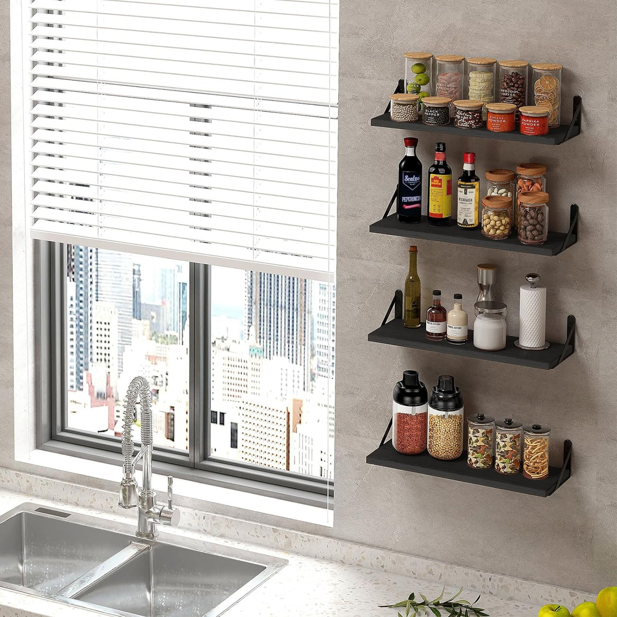 Fixwal Floating Shelves, Width 4.75in Rustic Wood Wall Shelves Set of 8, Wall Storage Shelves for Bedroom, Living Room, Kitchen, Bathroom, Office and Plants (Black)