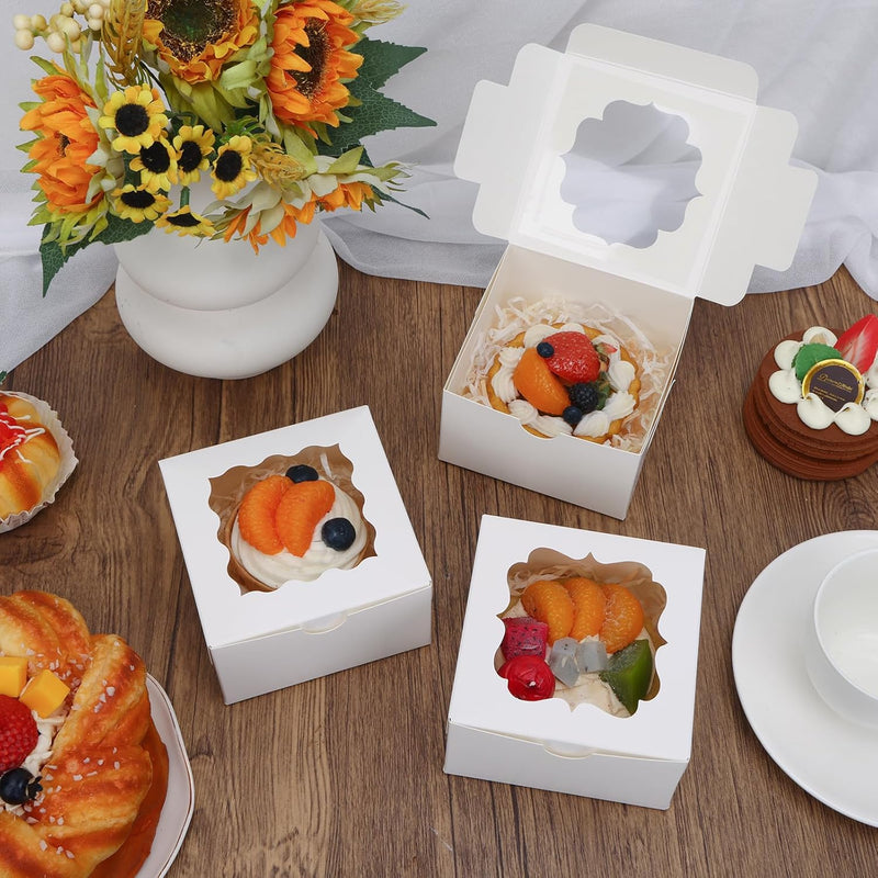 150pcs White Small Cookie Boxes with Window,4x4x2.5 Inch Small Bakery Boxes, 3 Style, Cookie Boxes Bulk for Dessert, Chocolate Strawberries Donuts and Party Favor