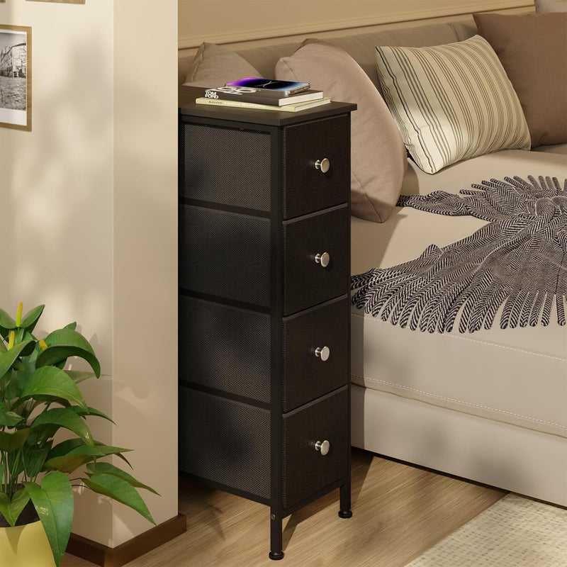 Fixwal Narrow Storage Cabinet, Small Dresser with 4 Drawers, Slim Fabric Dresser Storage for Small Spaces, Black Dresser Nightstand Side Table for Bedroom, Bathroom, Laundry, Closet, Dorm
