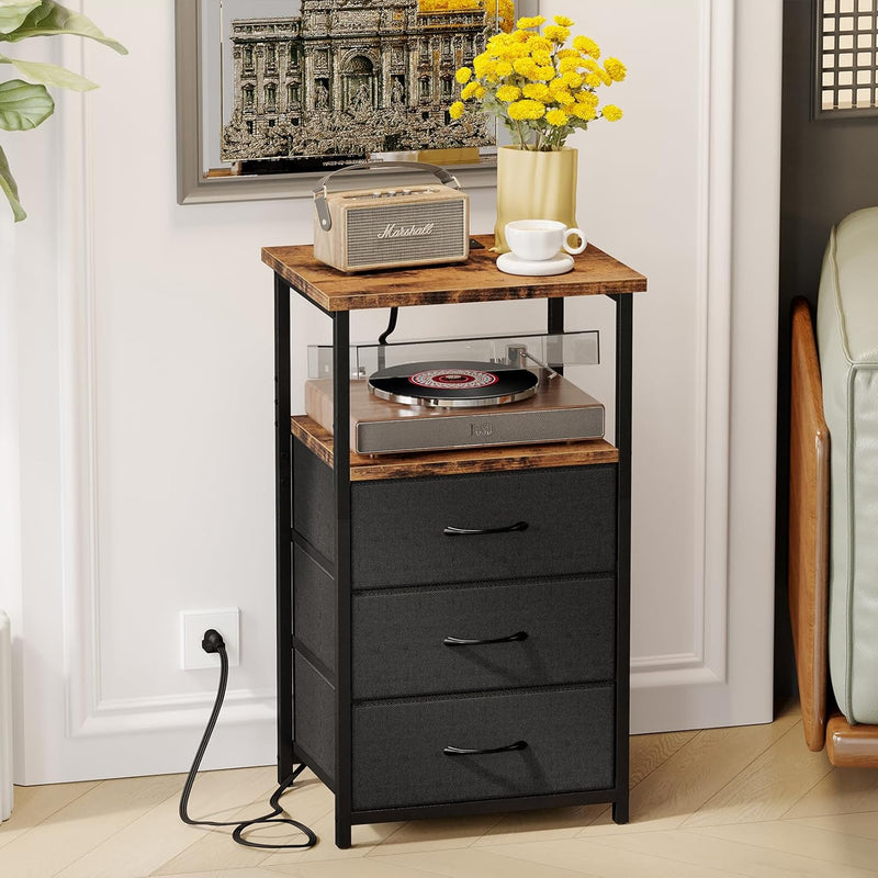 Fixwal Nightstand with Charging Station, Night Stand with Fabric Drawers, Bedside Table for Bedroom, End Table with Storage, Rustic Brown and Black