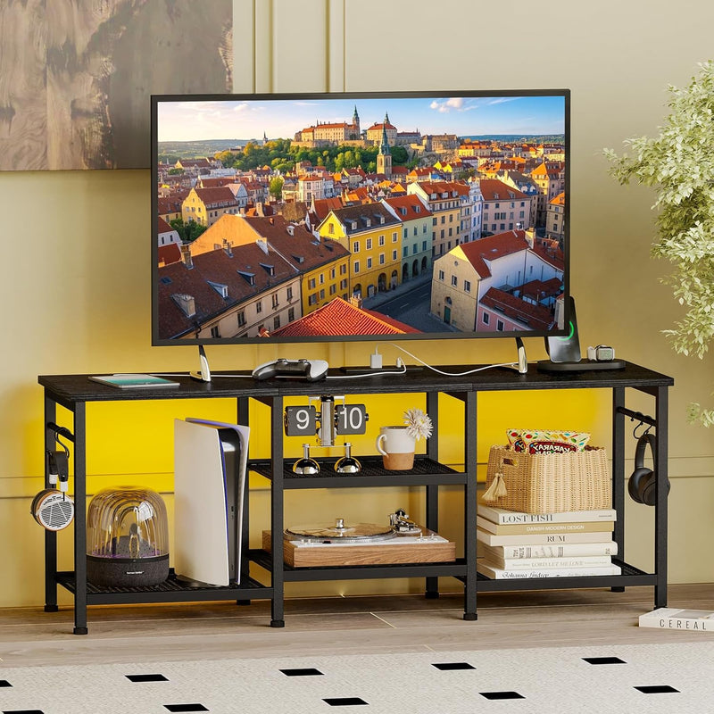 Black Entertainment Stand for Up to 50 Inch TVs, Tv Stand with Outlet Led Lights Open Storage Shelves, TV Consoles for Living Room, Bedroom