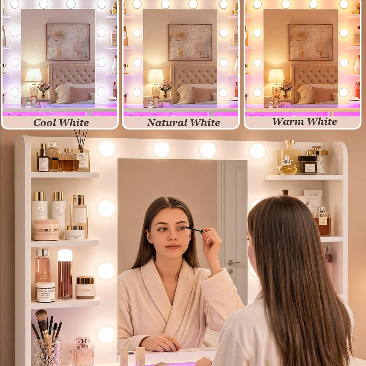 Vanity Desk with Mirror and Lights, Makeup Vanity Desk with Lights 3 Colors, Transparent Top Vanity with 2 RGB Drawers, 6 Shelves, Large Tempered Cabinet, Power Outlet, for Bedroom, White