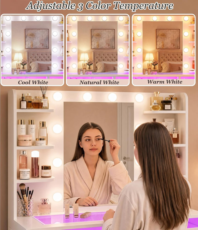 Vanity Desk with Mirror and Lights, Makeup Vanity Desk with Lights 3 Colors, Transparent Top Vanity with 2 RGB Drawers, 6 Shelves, Large Tempered Cabinet, Power Outlet, for Bedroom, White