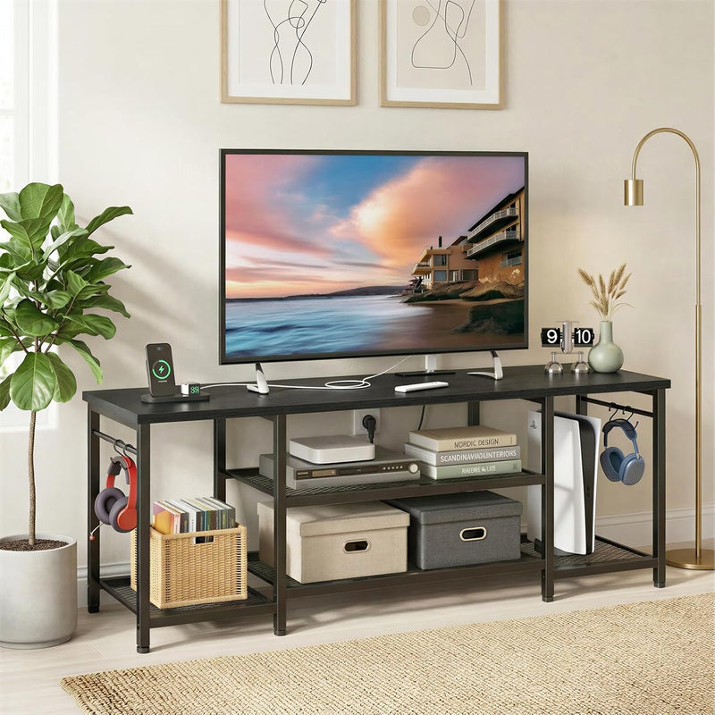 TV Stand for Up to 65 Inch TVs, Entertainment Center with Power Outlet and Open Storage Shelves, TV Media Console Table for Living Room and Bedroom, Black