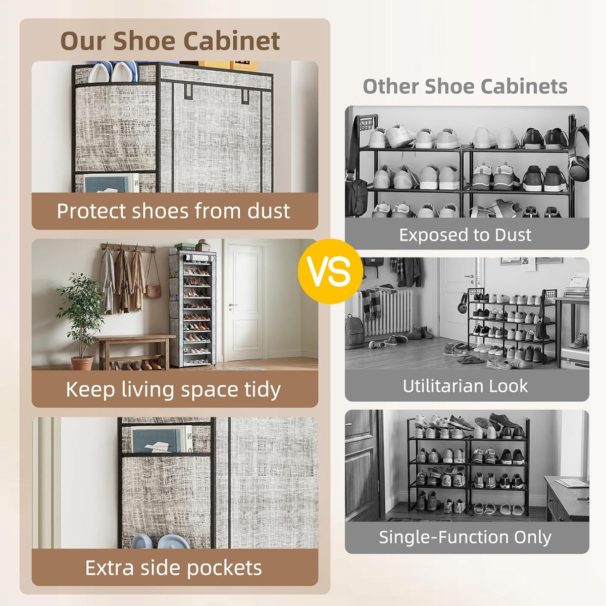 Shoe Rack with Cover, Narrow Shoe Rack with 6 Side Pockets, 10 Tier Tall Shoe Organizer Holds 16-22 Pairs Shoes and Boots, Shoe Storage for Closet, Entryway and Hallway, Gray