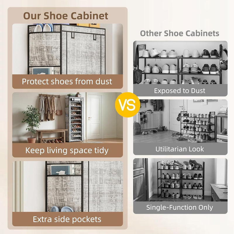 Shoe Rack with Cover, Narrow Shoe Rack with 6 Side Pockets, 10 Tier Tall Shoe Organizer Holds 16-22 Pairs Shoes and Boots, Shoe Storage for Closet, Entryway and Hallway, Gray
