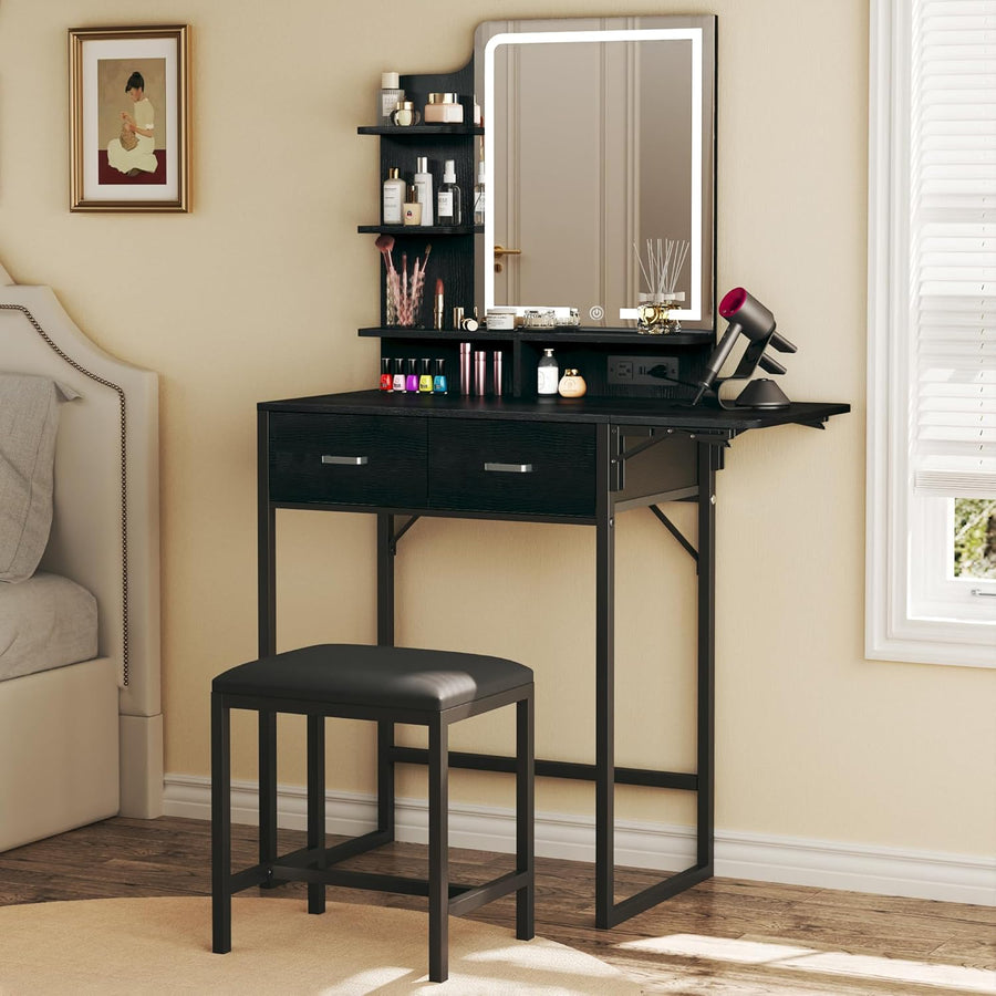 Small LED Makeup Vanity with Mirror, Storage & Charging Station