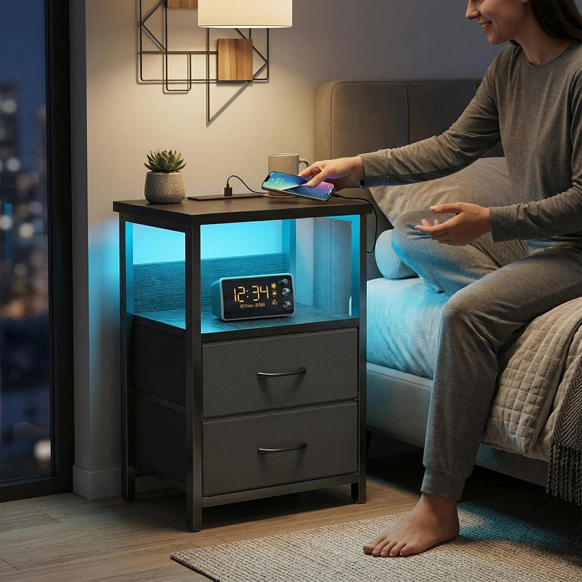 Fixwal Night Stand with Charging Station, LED Nightstand Small Dorm Room Furniture, 2 Fabric Storage Drawers, Bedside Table End Tables Bedroom Decor, Modern Black