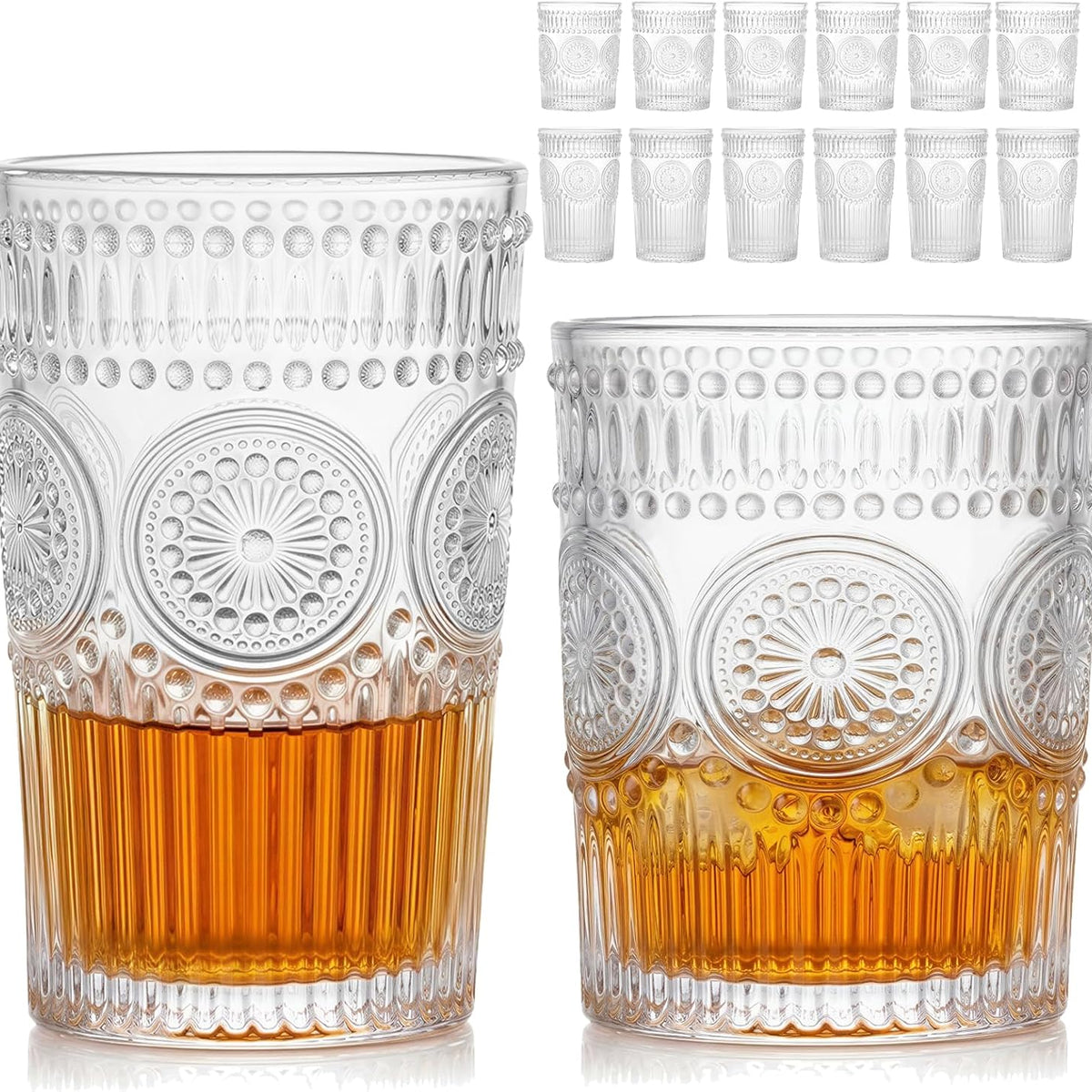 Vintage Drinking Glasses Set of 12, Textured Clear Striped Glass Cups-6 Highball Glasses 12oz & 6 Rocks Glasses 10oz, Mixed Glassware Set, Mojito Cups, Cocktail Glass, Iced Coffee Cup