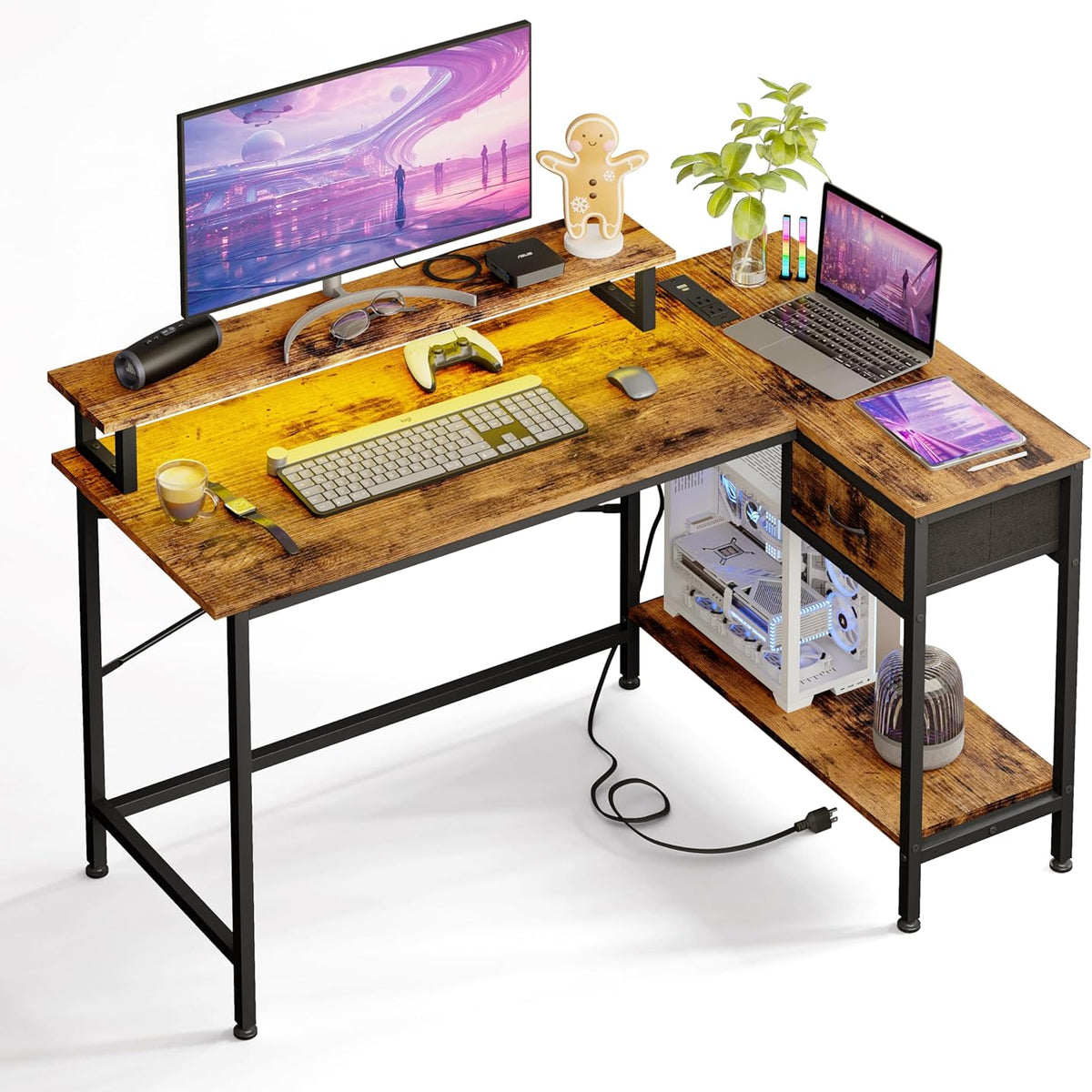 Fixwal Gaming Desk for Bedroom L Shaped Small Corner Computer Desk with Power Outlets and LED Lights, PC Desk, Home Office Desks with Drawer, Writing Desk Study Desk, Rustic Brown