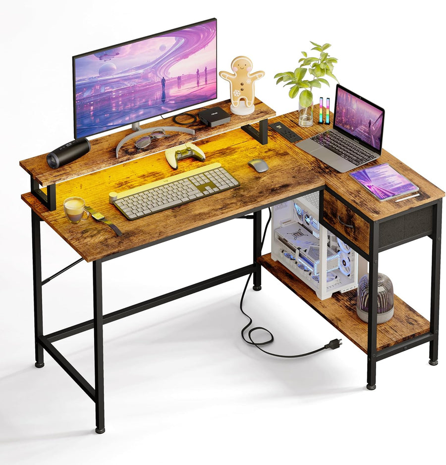 Gaming Desk for Bedroom L Shaped Small Corner Computer Desk with Power Outlets and LED Lights, PC Desk, Home Office Desks with Drawer, Writing Desk Study Desk, Rustic Brown