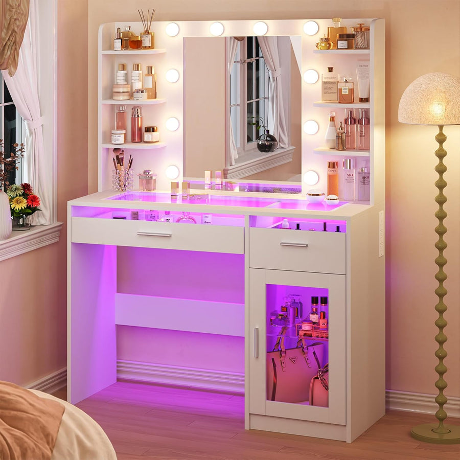 LED Makeup Vanity with Glass Top & Large Storage Cabinet