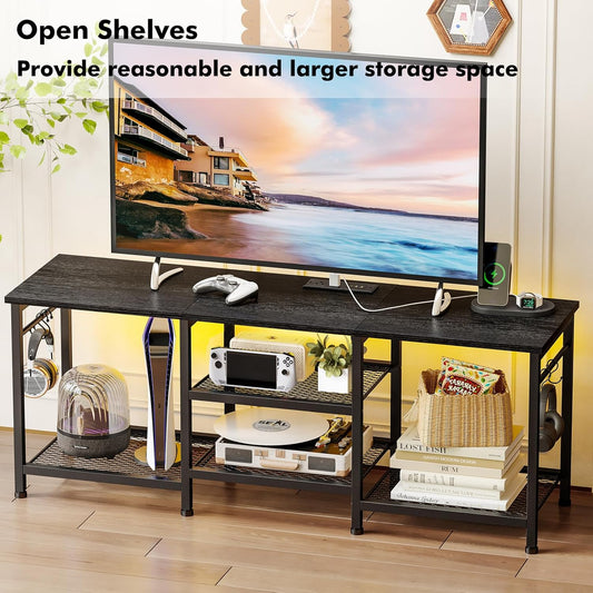 Black Entertainment Stand for Up to 50 Inch TVs, Tv Stand with Outlet Led Lights Open Storage Shelves, TV Consoles for Living Room, Bedroom