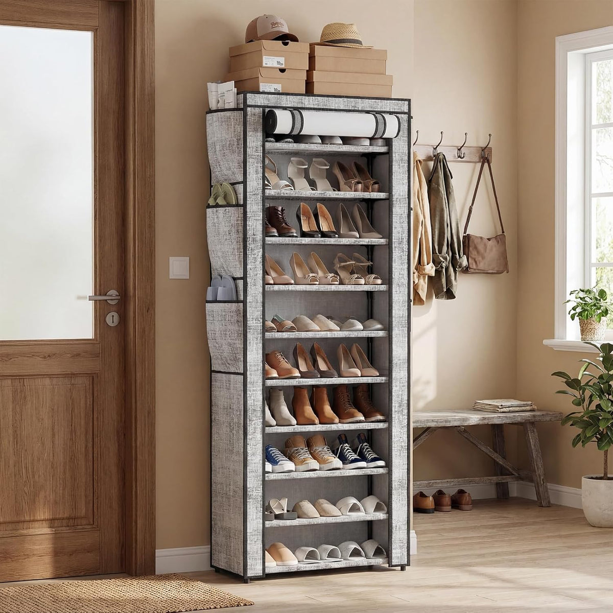 Shoe Rack with Cover, Narrow Shoe Rack with 6 Side Pockets, 10 Tier Tall Shoe Organizer Holds 16-22 Pairs Shoes and Boots, Shoe Storage for Closet, Entryway and Hallway, Gray