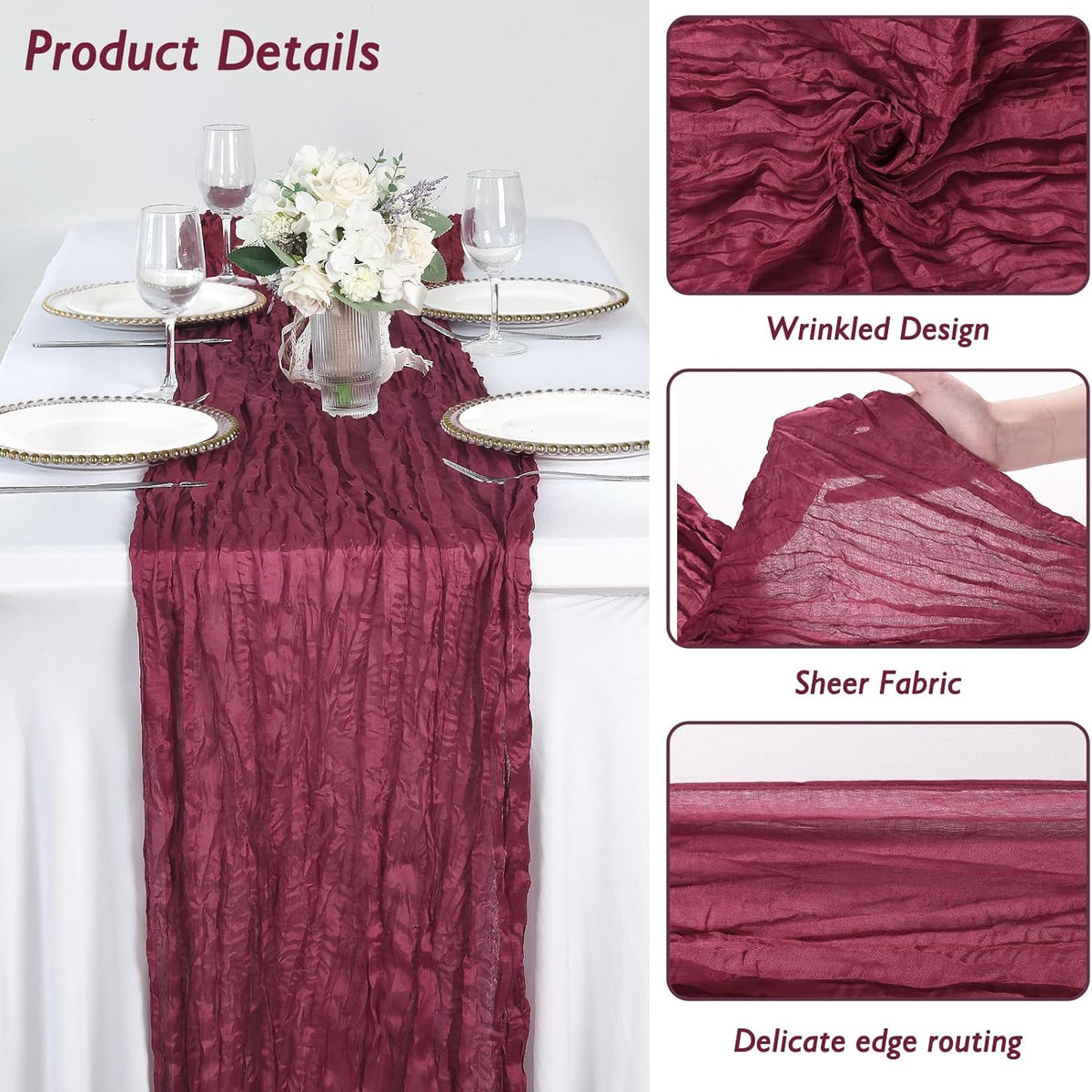 8 Pack Burgundy Red Cheesecloth Table Runner 120 Inch 10FT Gauze Cheese Cloth for Banquet, Valentine's Day, Independence Day, Retro Decoration