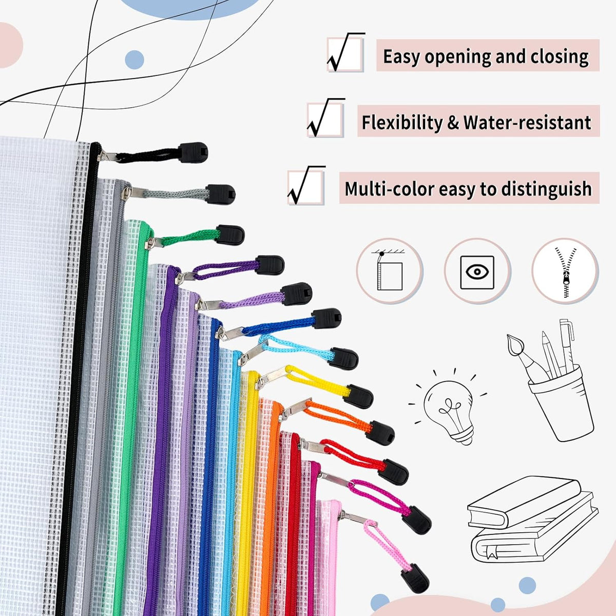 72pcs Mesh Zipper Pouch, A4 Size, 12 Colors Zipper Bags for Organizing Storage, Waterproof Puzzle Bag, Zipper File Bags for Board Games and School Office Supplies