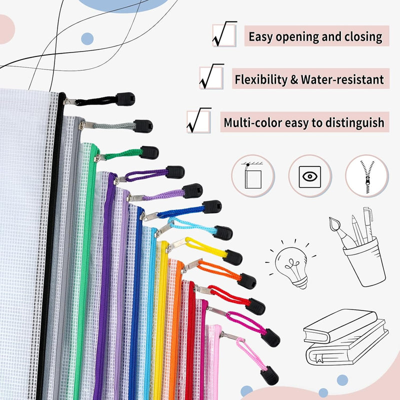72pcs Mesh Zipper Pouch, A4 Size, 12 Colors Zipper Bags for Organizing Storage, Waterproof Puzzle Bag, Zipper File Bags for Board Games and School Office Supplies