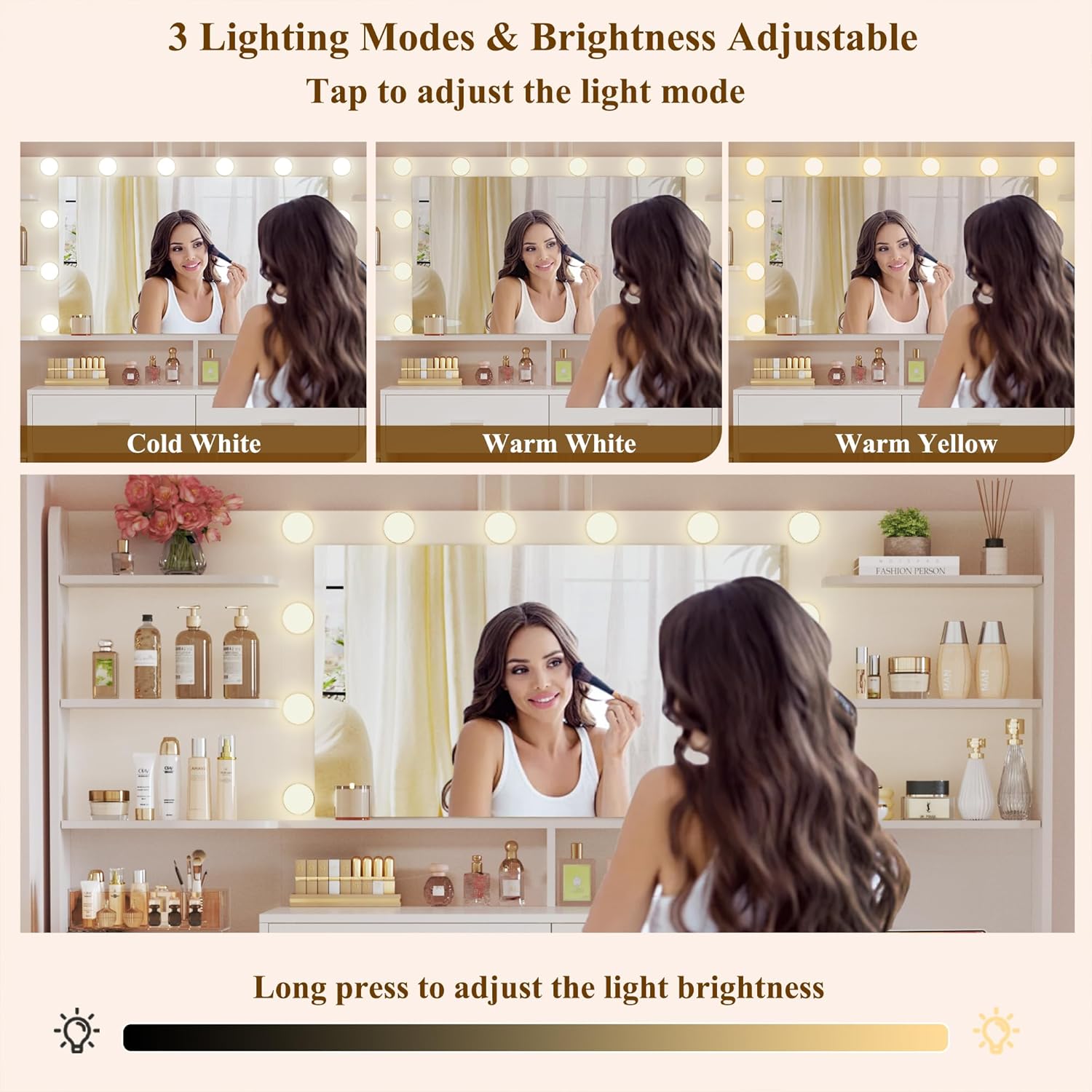 Modern LED Makeup Vanity Desk with Mirror - 54.3" White Dressing Table with 8 Drawers & Storage Shelves, Adjustable Lighting & Charging Station