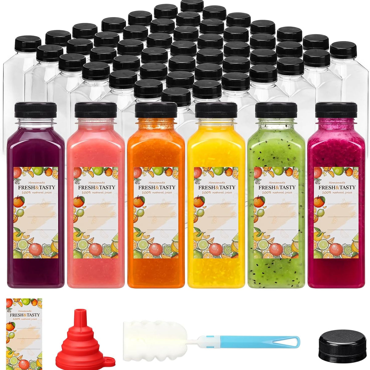 80pcs Juice Bottles, 16oz Reusable Plastic Juice Bottles with Caps and Labels, Funnel, Brush Beverage Containers for Juicing, Smoothies, Tea, Milk