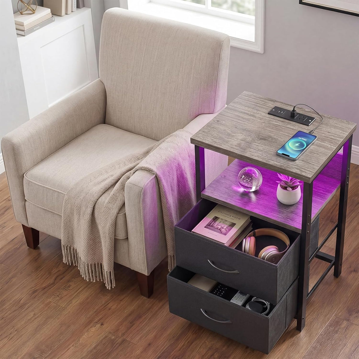 Fixwal Night Stand with Charging Station, LED Nightstand with U-S-B Ports and Outlets, 2 Fabric Storage Drawers with PU Finish, Bed Side Table, French Oak