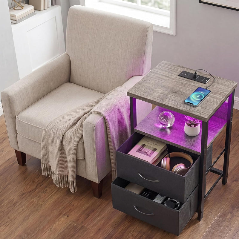 Fixwal Night Stand with Charging Station, LED Nightstand with U-S-B Ports and Outlets, 2 Fabric Storage Drawers with PU Finish, Bed Side Table, French Oak