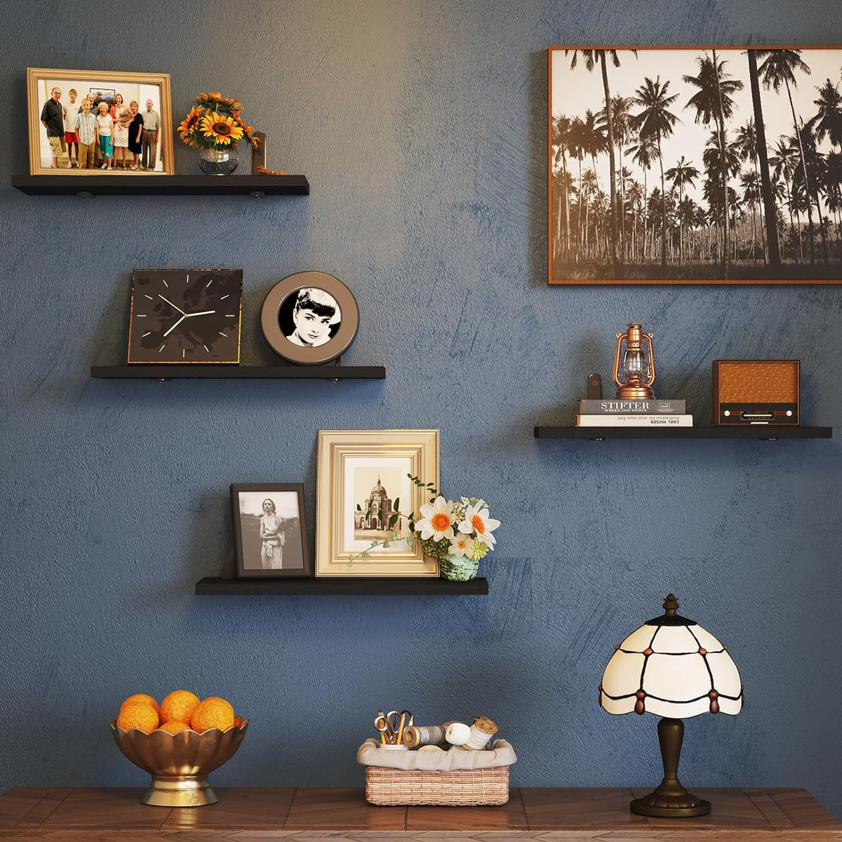 Fixwal Floating Shelves - 4 Set Farmhouse Wood Wall Mounted Shelves for Bedroom & Bathroom Storage, Book Shelf - Black