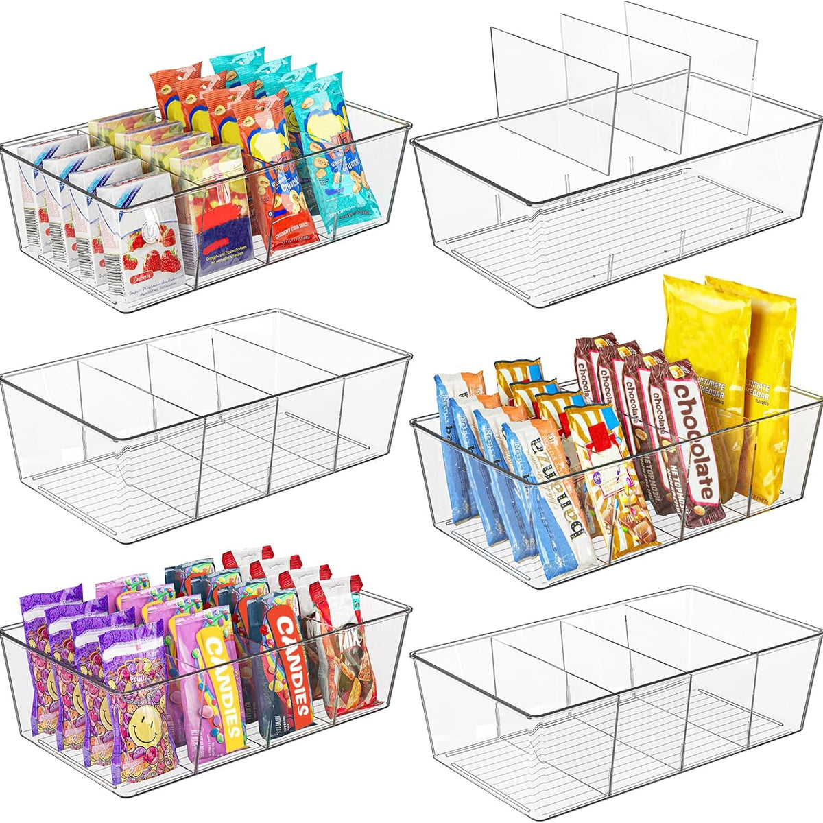 Moretoes 6 Pack Snack Organizers, Pantry Organizer and Storage, Clear Food Storage Organizer Bins, Plastic Fridge Organizer and Cabinet Organizers for Kitchen, Condiment, Pouches Food, Packets Spices