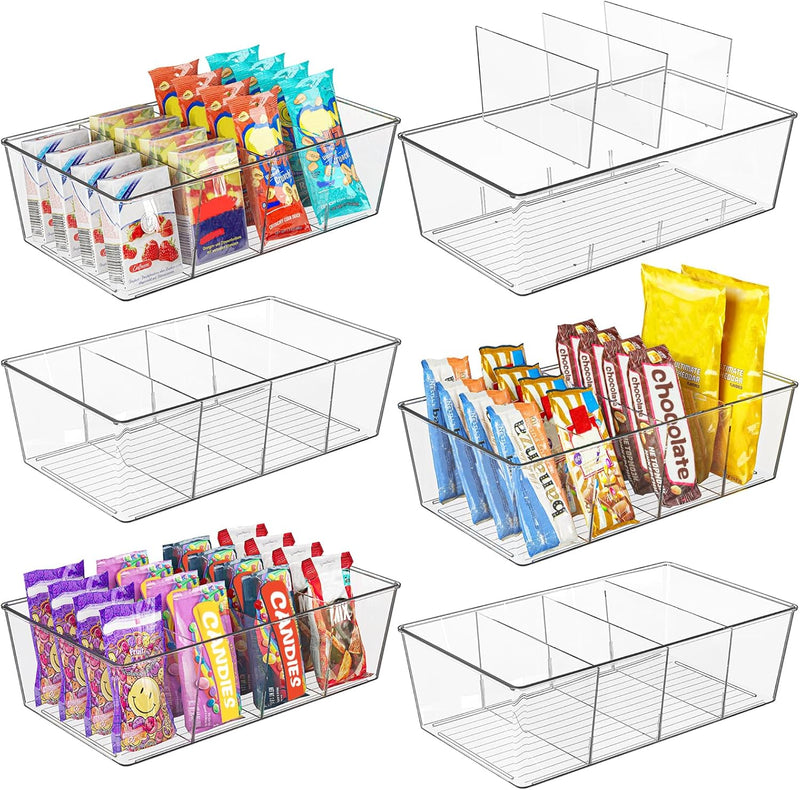 Moretoes 6 Pack Snack Organizers, Pantry Organizer and Storage, Clear Food Storage Organizer Bins, Plastic Fridge Organizer and Cabinet Organizers for Kitchen, Condiment, Pouches Food, Packets Spices