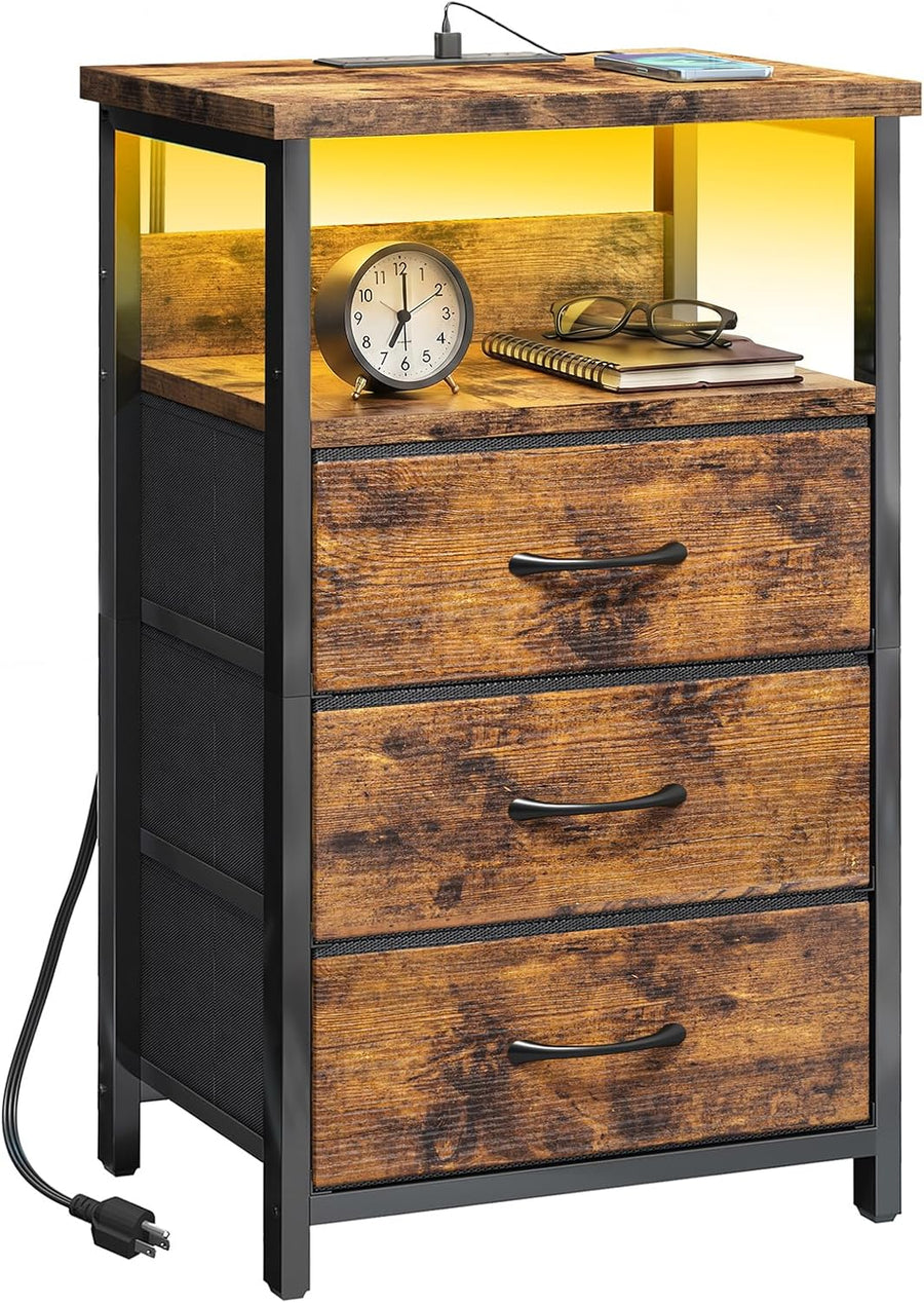 Night Stand with Charging Station, LED Nightstand with Fabric Drawers, End Table with PU Finish, Bed Side Table, Rustic Brown