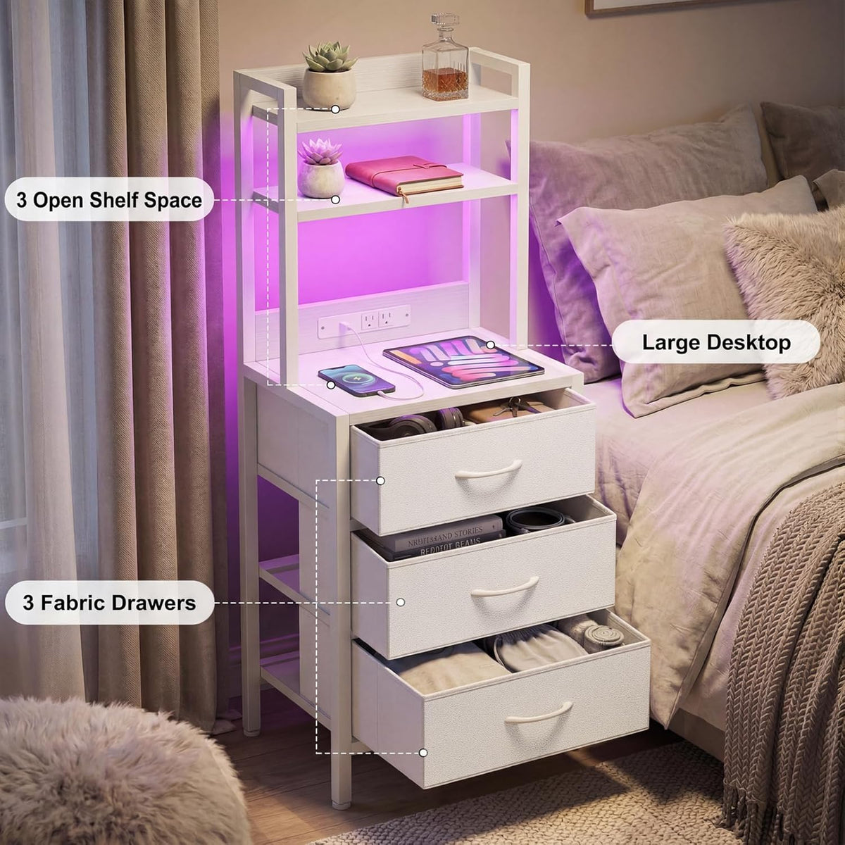Fixwal Tall Nightstand with Charging Station, 41 Inch Led Night Stand with U-S-B Port & Socket, 3 PU Finished Fabric Storage Drawers, Office, Bed Side Table & Bookshelf in One, White