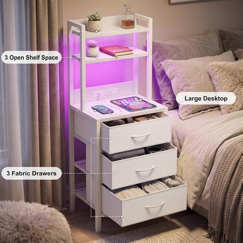 Fixwal Tall Nightstand with Charging Station, 41 Inch Led Night Stand with U-S-B Port & Socket, 3 PU Finished Fabric Storage Drawers, Office, Bed Side Table & Bookshelf in One, White