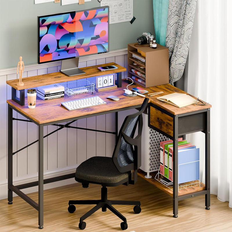 Fixwal Gaming Desk for Bedroom L Shaped Small Corner Computer Desk with Power Outlets and LED Lights, PC Desk, Home Office Desks with Drawer, Writing Desk Study Desk, Rustic Brown