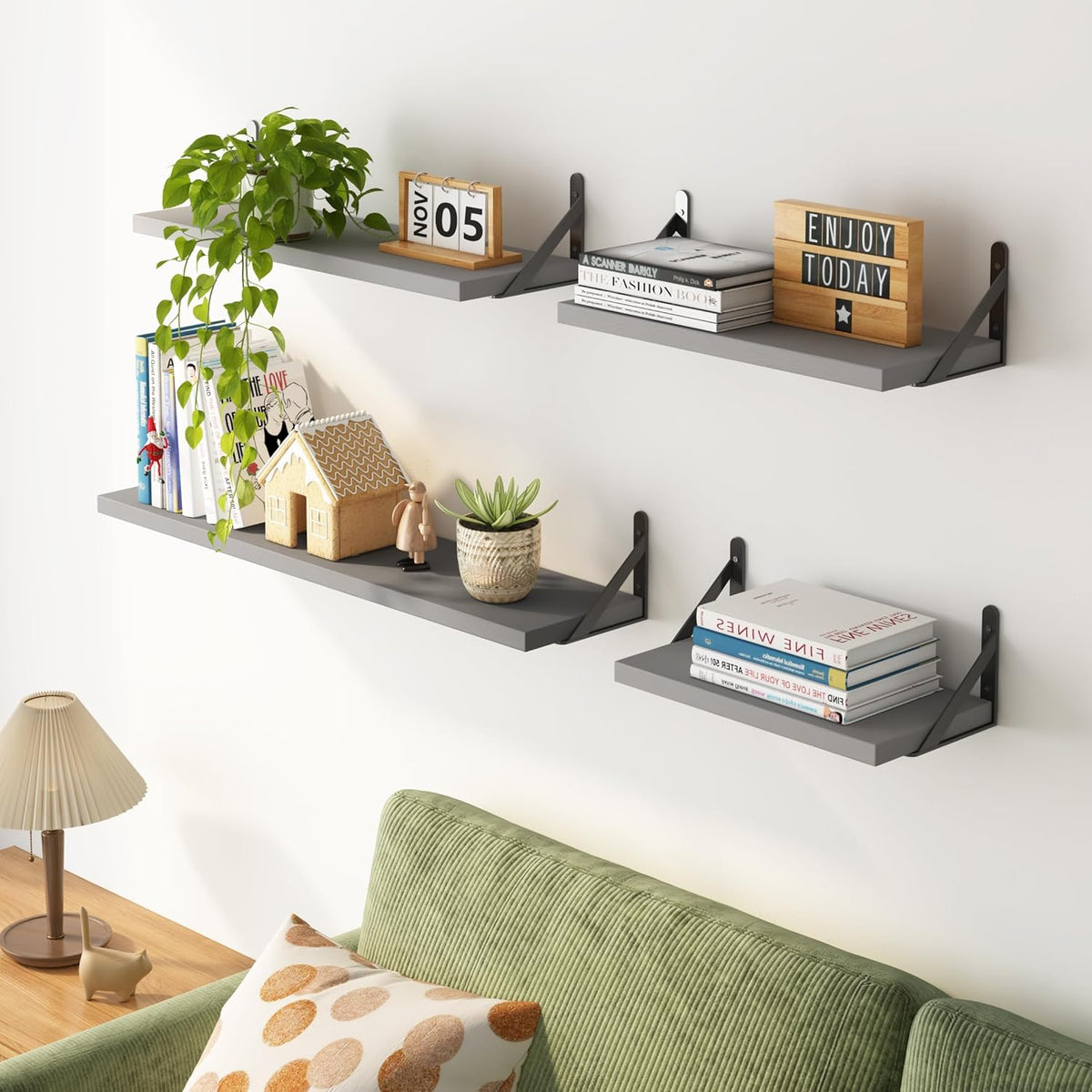 Floating Shelves for Wall, Different Sizes Gray Wall Shelves for Living Room, Bathroom, Bedroom, Kitchen, Home Decor (Set of 4)