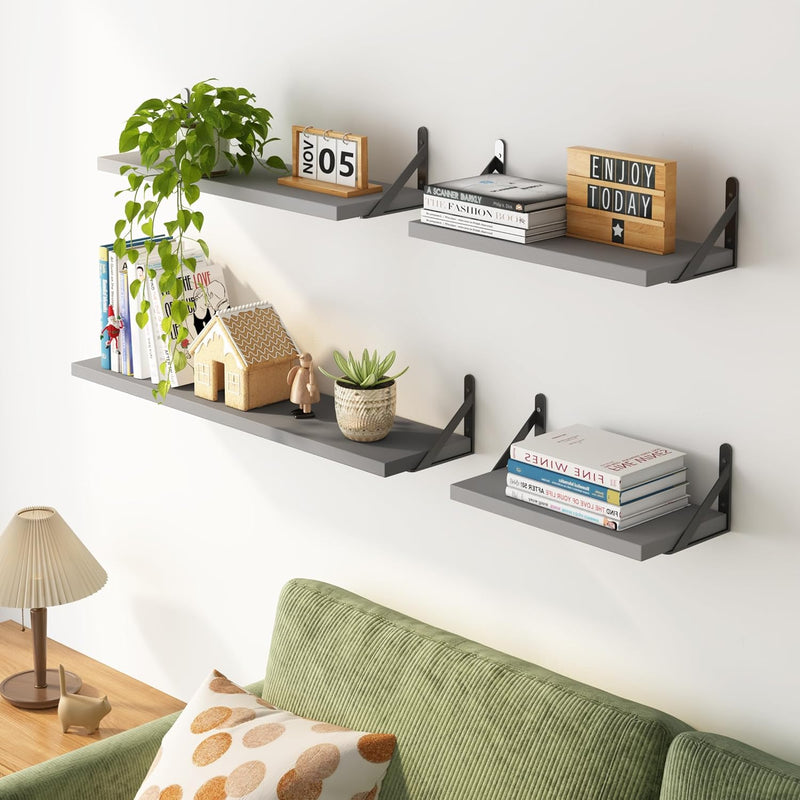 Floating Shelves for Wall, Different Sizes Gray Wall Shelves for Living Room, Bathroom, Bedroom, Kitchen, Home Decor (Set of 4)