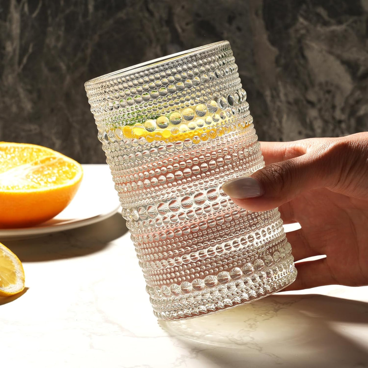 Moretoes Hobnail Drinking Glasses Set of 12,12 Oz Clear Highball Glasses Cups Vintage Kitchen Bar Tumbler Glassware Set for Whiskey, Beer, Juice, Milk and Various Mixed Drinks