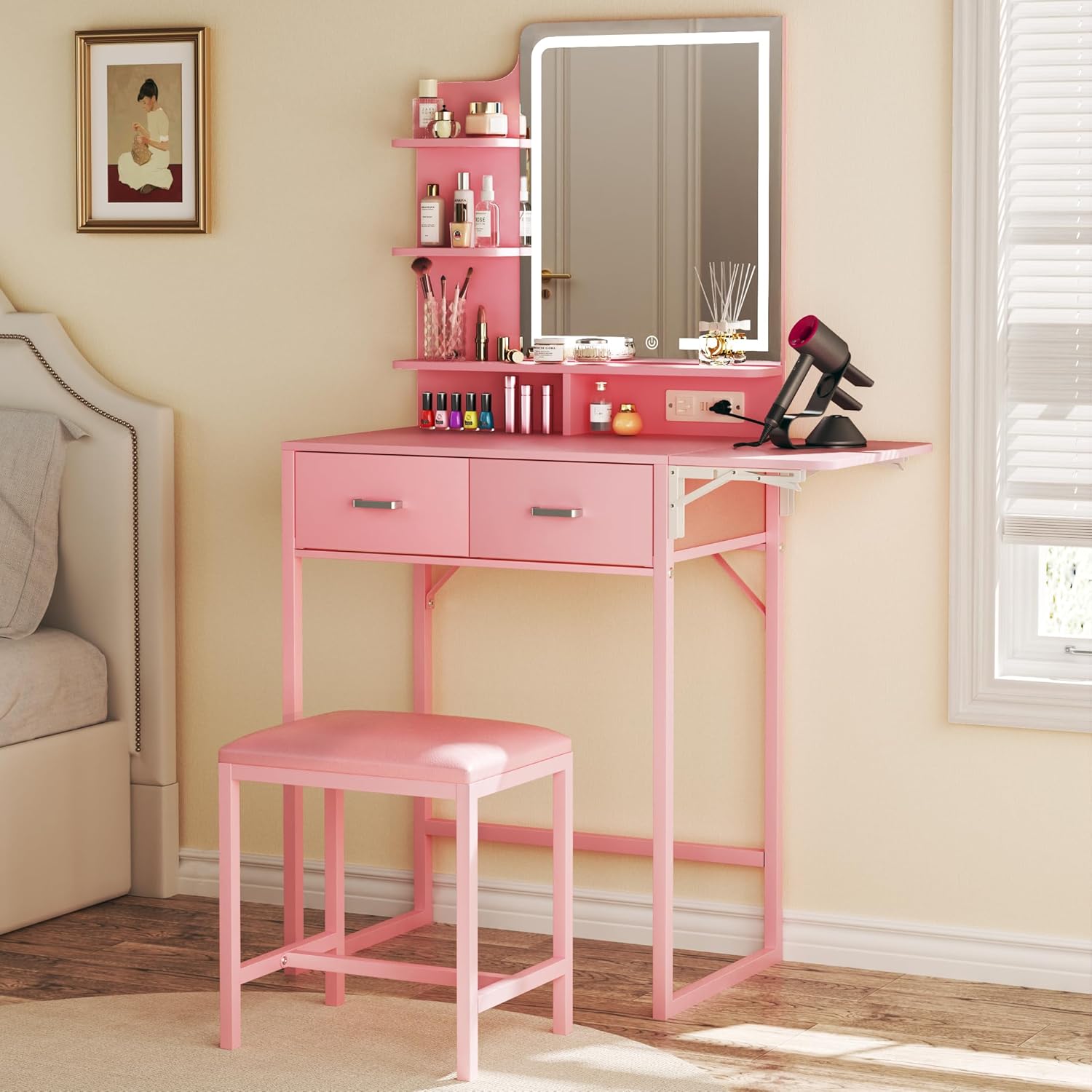 Vanity Desk with Mirror and Lights, Small Vanity with Fabric Storage Drawer & Chair & Shelves, Makeup Vanity with Fold-up Panel and Power Outlet for Bedroom