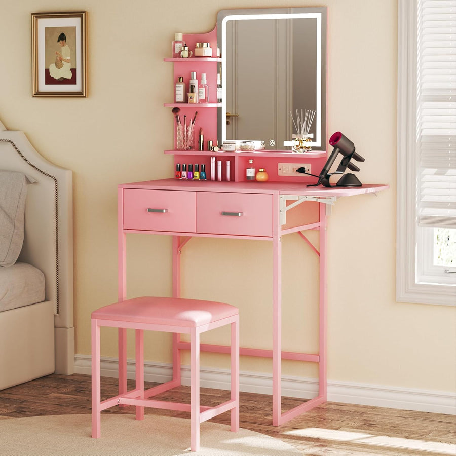 Vanity Desk with Mirror and Lights, Small Vanity with Fabric Storage Drawer & Chair & Shelves, Makeup Vanity with Fold-up Panel and Power Outlet for Bedroom