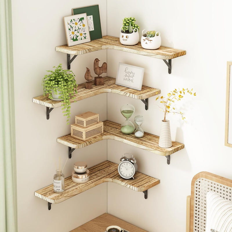 Fixwal Floating Shelves for Wall Set of 5, Rustic Wood Wall Mounted Corner Shelf for Bathroom, Kitchen, Bedroom, Home Decor, Laundry Room, Living Room (Carbonized Black)
