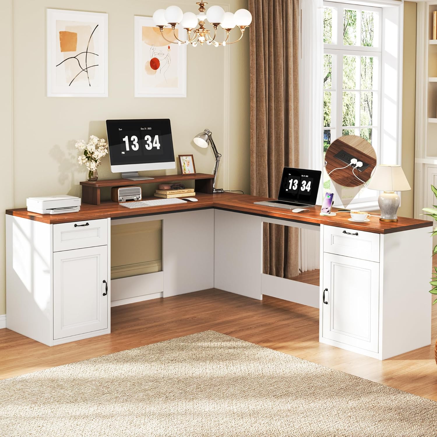 78" Farmhouse L Shaped Executive Desk with Drawers, Modern Computer Desk with Power Outlets, Office Writing Desk with Monitor Stand & Storage Cabinet, Printer Shelf, Antique White