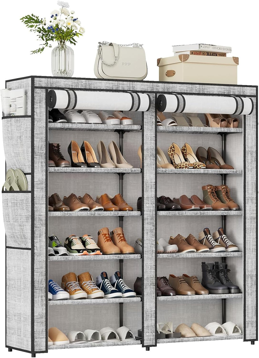 Shoe Rack with Cover, Shoe Rack with 4 Side Pockets, 6 Tier Shoe Organizer Holds 30-40 Pairs Shoes and Boots, Shoe Storage for Closet, Entryway and Hallway, Storage Cabinet for Home, Gray