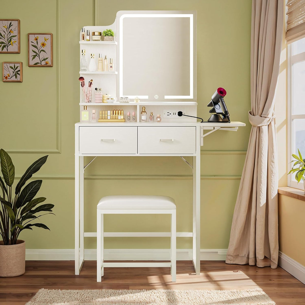 Small Vanity Desk with Mirror and Lights, Makeup Vanity with Fabric Storage Drawer & Chair & Shelves, White Vanity with Fold-up Panel and Power Outlet, Bedroom