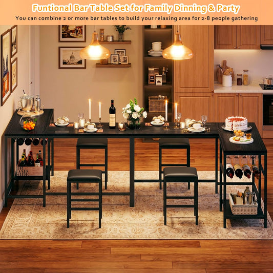 Bar Table and Chairs Set for 2-4, 3-Piece Convertible L-Shaped Dining Set with Storage Shelves & Cup Holder & Wine Rack, 63'' Corner Kitchen Table Set with 2 PU Cushion Stools & Power Outlets, Black