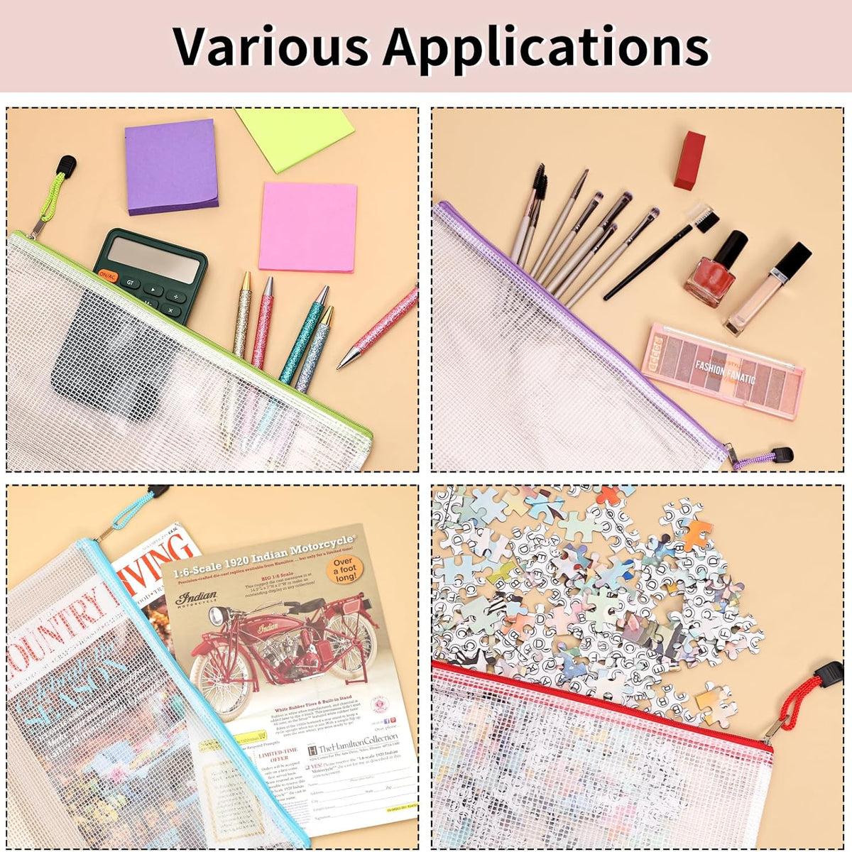 72pcs Mesh Zipper Pouch, A4 Size, 12 Colors Zipper Bags for Organizing Storage, Waterproof Puzzle Bag, Zipper File Bags for Board Games and School Office Supplies