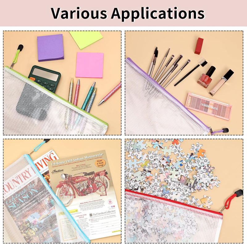 72pcs Mesh Zipper Pouch, A4 Size, 12 Colors Zipper Bags for Organizing Storage, Waterproof Puzzle Bag, Zipper File Bags for Board Games and School Office Supplies