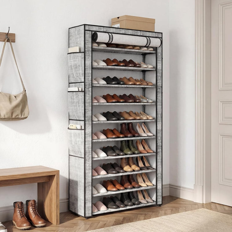 Shoe Rack with Cover, Large Capacity Shoe Organizer Storage 45 Pairs, 10 Tier Tall Shoe Shelf with 6 Side Pockets, Space Saving Shoe Storage for Closet, Entryway Hallway, Gray