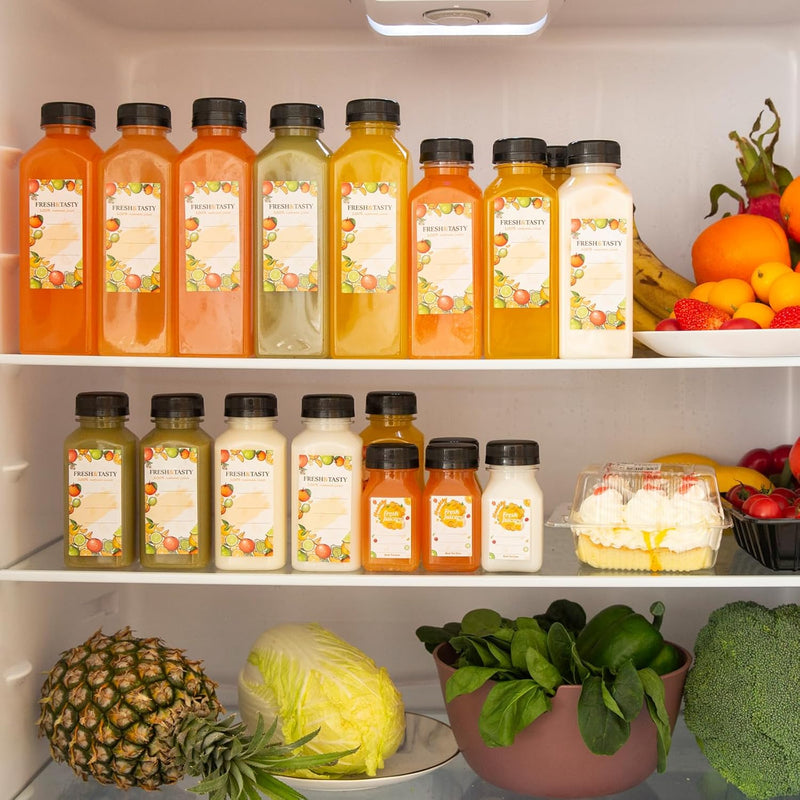 100pcs Plastic Bottles with Caps, 16oz Juice Bottles, with Caps with Black Caps,with Label, Funnel and Brush Beverage Containers for Juicing, Smoothies, Tea, Milk