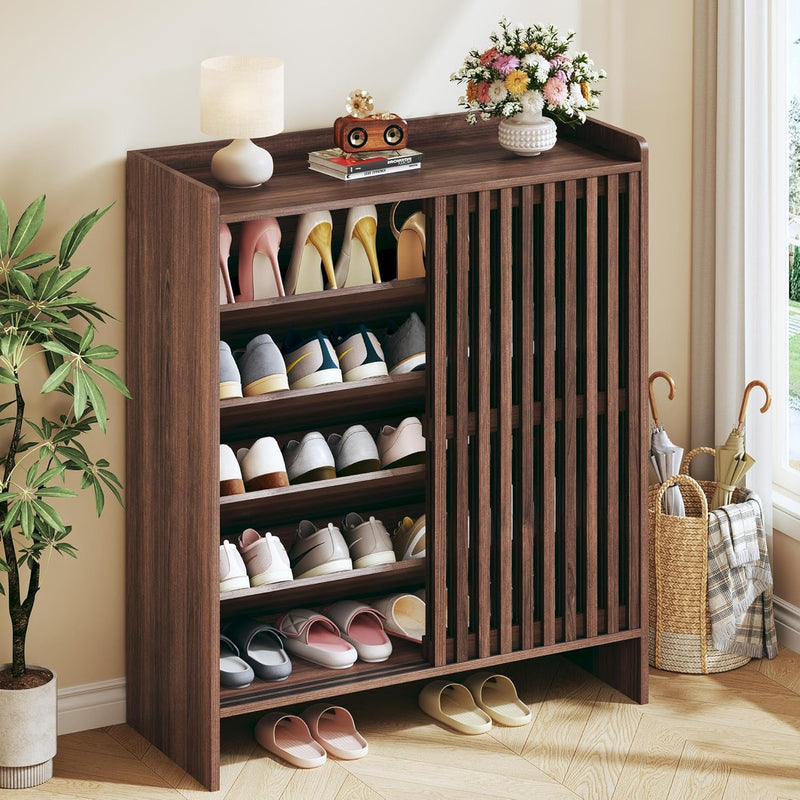 5-Tier Shoe Cabinet with Sliding Shutter Doors, Wooden Shoe Storage Cabinet with Adjustable Shelf, Modern Freestanding Shoe Organizer Cabinet for Entryway, Hallway