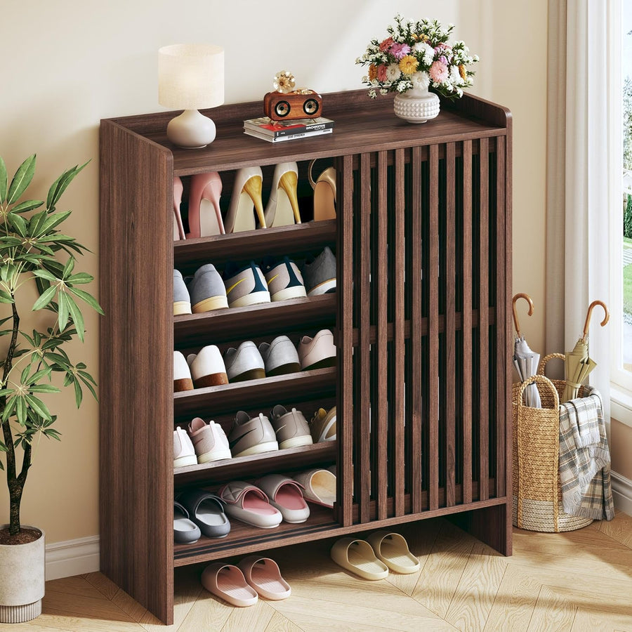 5-Tier Shoe Cabinet with Sliding Shutter Doors, Wooden Shoe Storage Cabinet with Adjustable Shelf, Modern Freestanding Shoe Organizer Cabinet for Entryway, Hallway