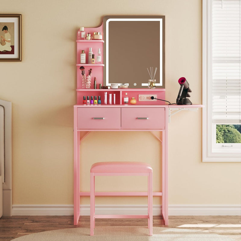 Vanity Desk with Mirror and Lights, Small Vanity with Fabric Storage Drawer & Chair & Shelves, Makeup Vanity with Fold-up Panel and Power Outlet for Bedroom