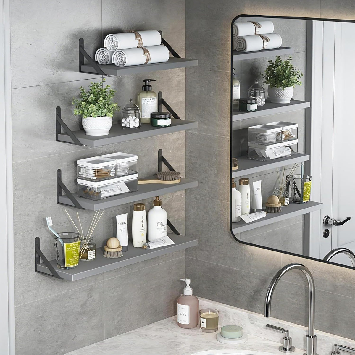 Floating Shelves for Wall, Different Sizes Gray Wall Shelves for Living Room, Bathroom, Bedroom, Kitchen, Home Decor (Set of 4)